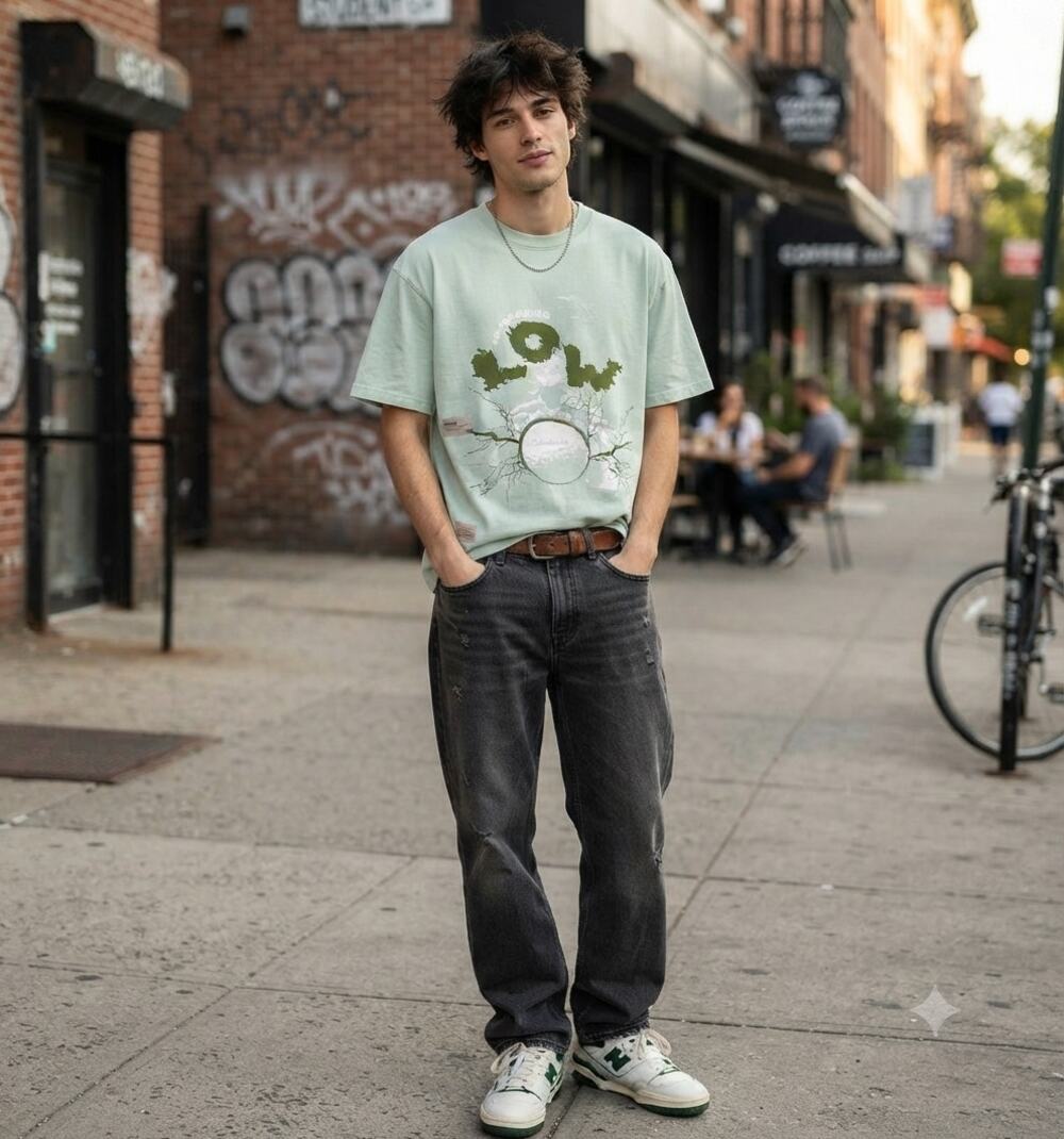STUDENTS Graphic T-Shirt Medium Sage Green 100% Cotton Streetwear Avant Garde